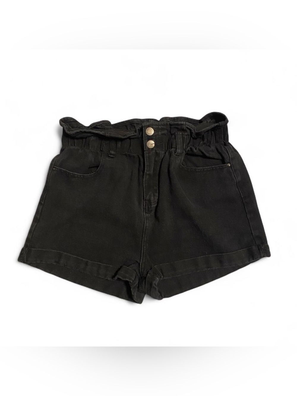 High-Waist Black Paperbag Shorts with Button Detail